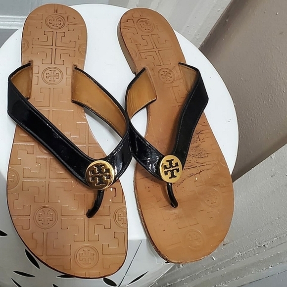 Tory Burch Thora Thong Black Patent Leather Brown Flat Sandals Women’s Size 8M🌴 - Picture 6 of 11